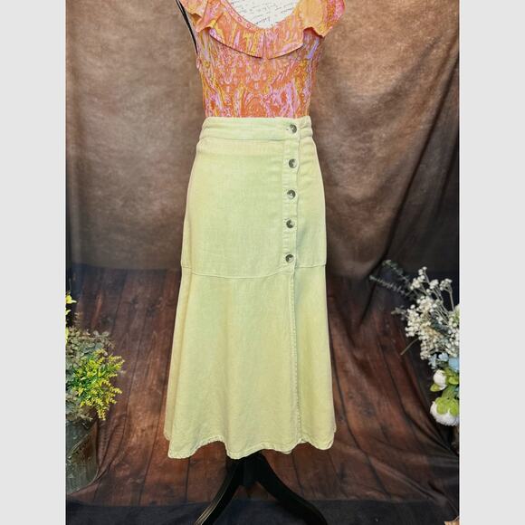 Free People Linen Rayon Poppy Flounce Slit Midi Skirt Citron size 2 - Picture 5 of 16